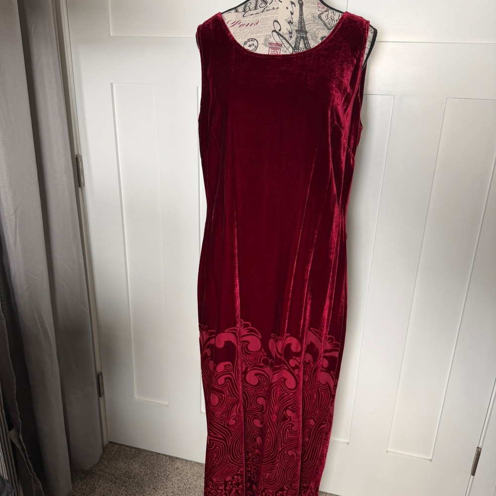 J. Peterman Burgundy Silk Blend Velvet Burnout Devore Maxi Vintage Dress Size 14